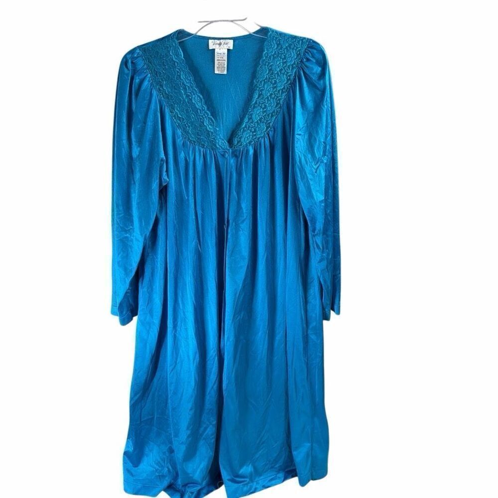 VANITY FAIR Women’s Size Medium Lace Trim Lightweight Robe Teal Button Front